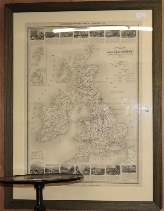 A. Vuillemin, coloured steel engraving, illustrated map of Iles Britanniques, 88 x 63cm